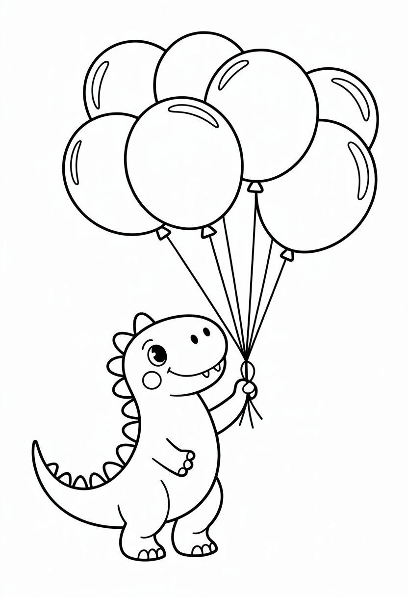 Cute Dinosaur Coloring Pages for Kids: 20 Fun and Easy Designs 36 A cute dinosaur holding several balloons floating above it.